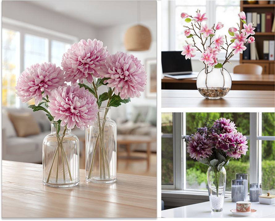 Soft artificial floral arrangement on a dining table.