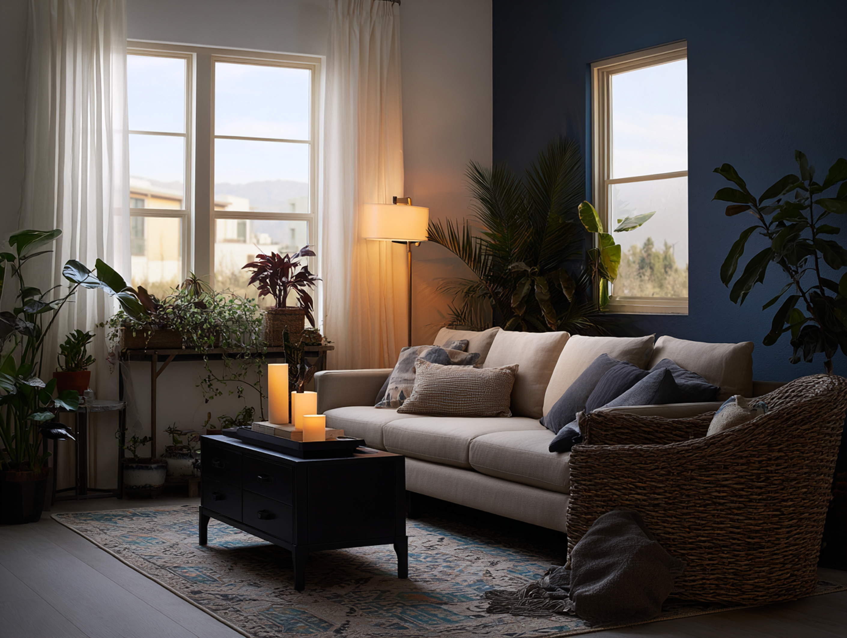 Living room styled with layered greenery and a statement tree