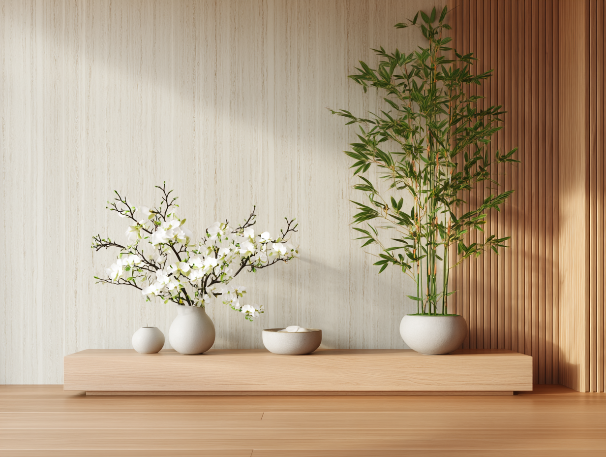 Japandi Zen interior with calm, grounded botanicals