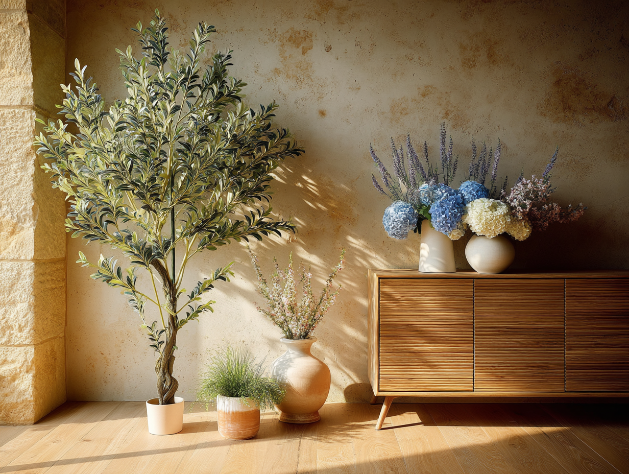 Modern Mediterranean greenery with warm, sun-washed tones and organic foliage.
