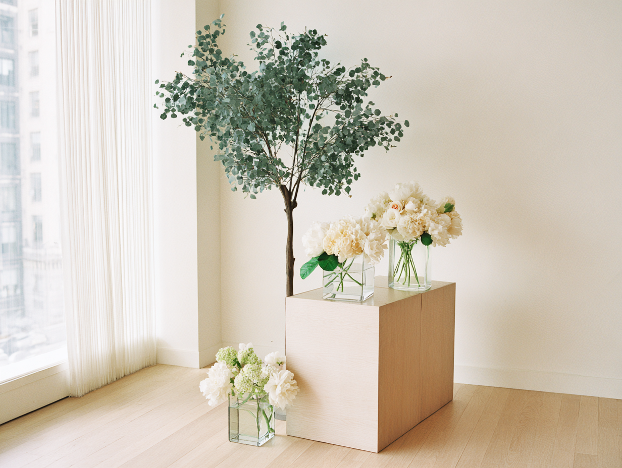 Modern Minimal styled living room with airy neutrals and olive trees