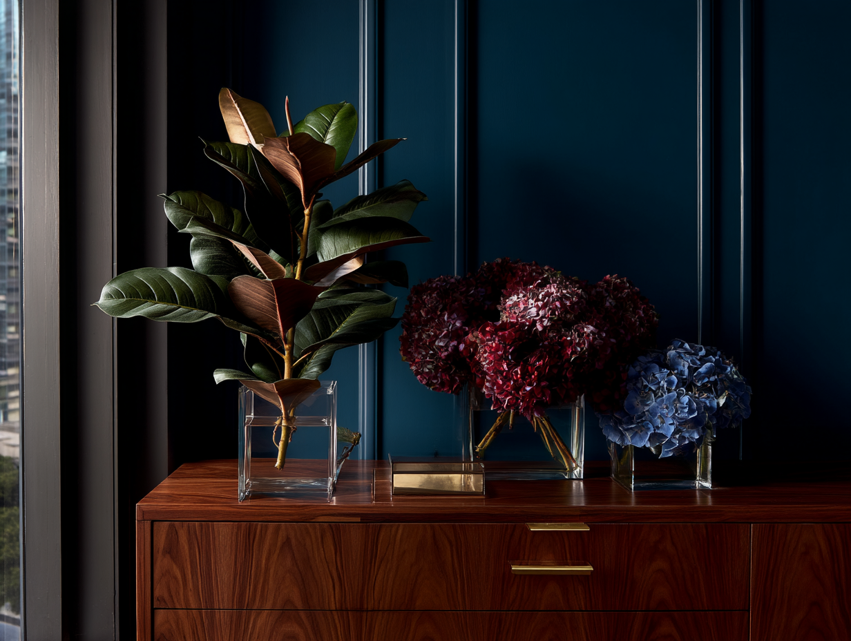 Urban Sophisticate interior with bold florals and sleek silhouettes