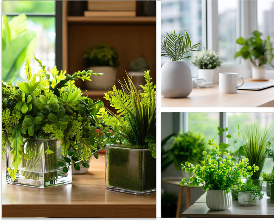 Assorted potted greenery arranged on a console table.