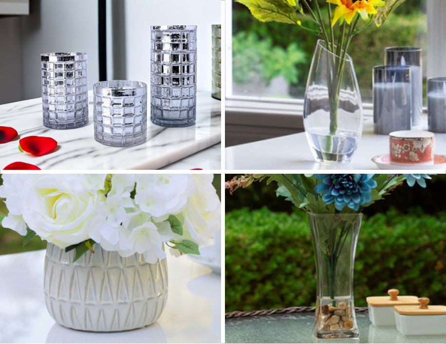 Collection of neutral ceramic vases on a wooden shelf.