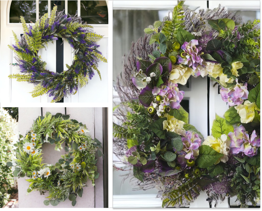 Living room styled with coordinated greenery and vases.