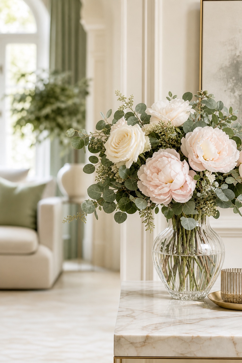 A styled floral arrangement in a sunlit living room