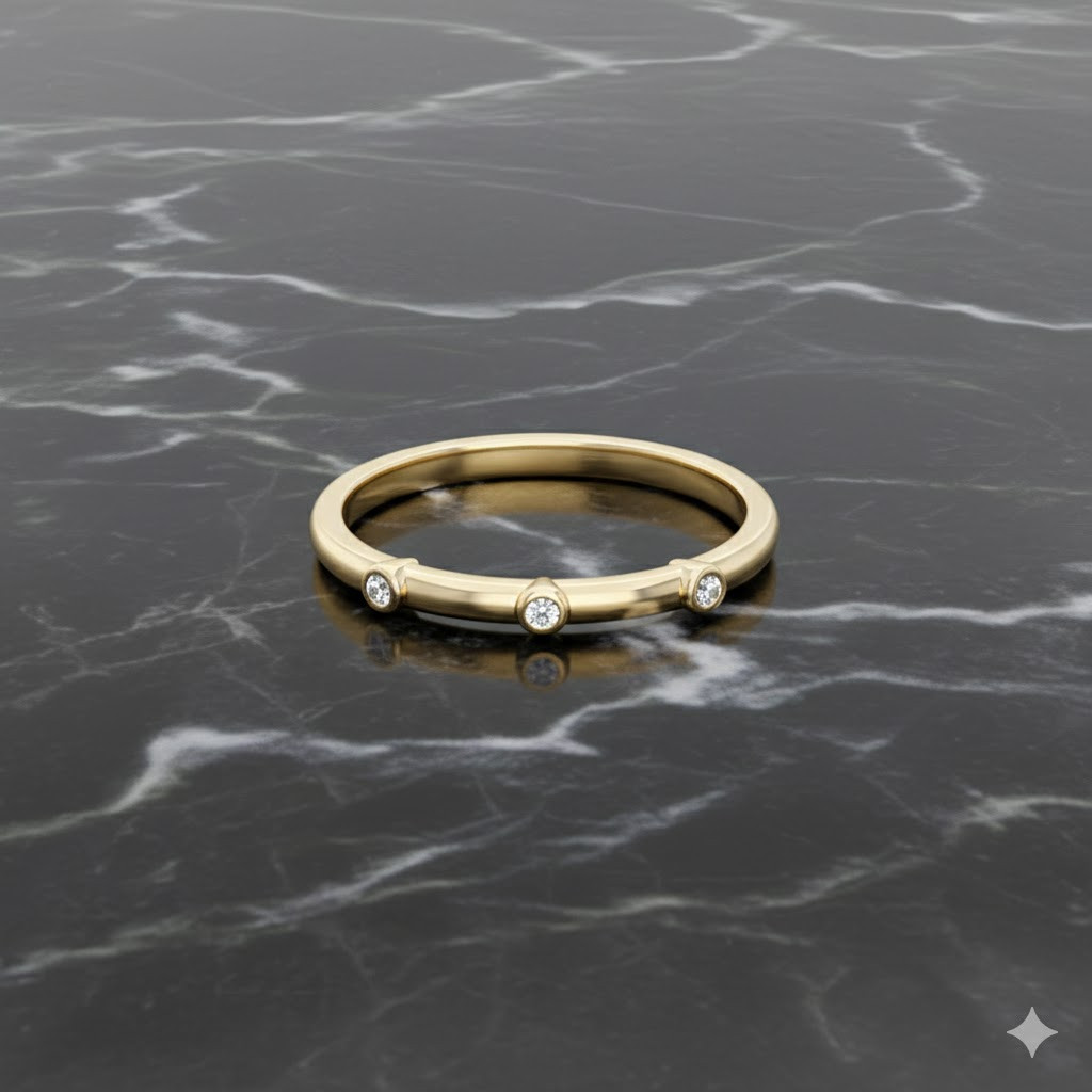 A top-down view of a 14K yellow gold band ring with three bezel-set round diamonds on a marble surface.
