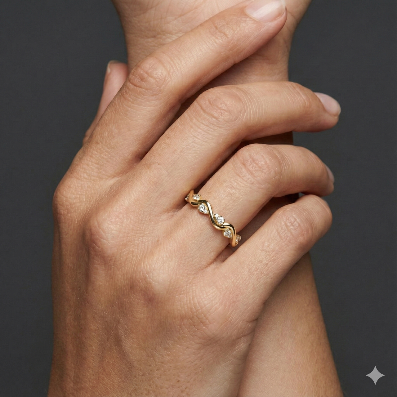 Close-up of a hand wearing a delicate 14k yellow gold diamond band featuring a softly curved wave design with round brilliant-cut diamonds, photographed against a dark background to highlight organic movement, subtle sparkle, and timeless elegance.