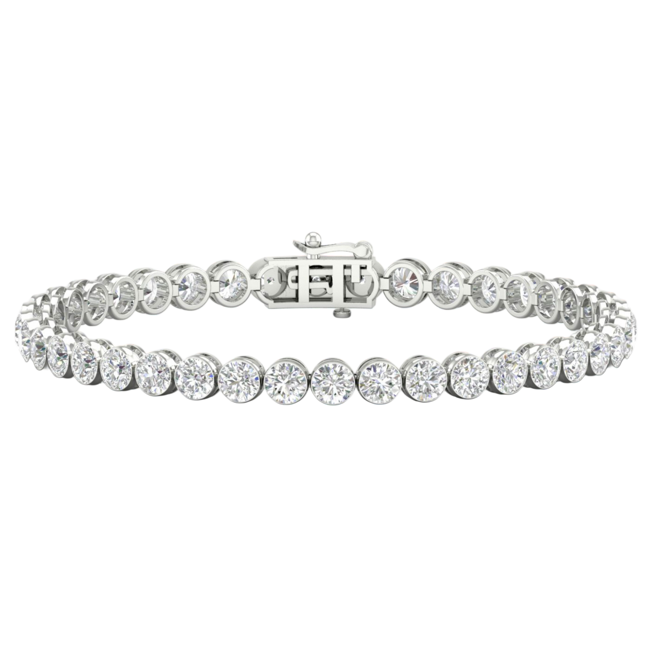 A full top-down view of a 14K white gold tennis bracelet, coiled to show the seamless circle of brilliant diamonds.