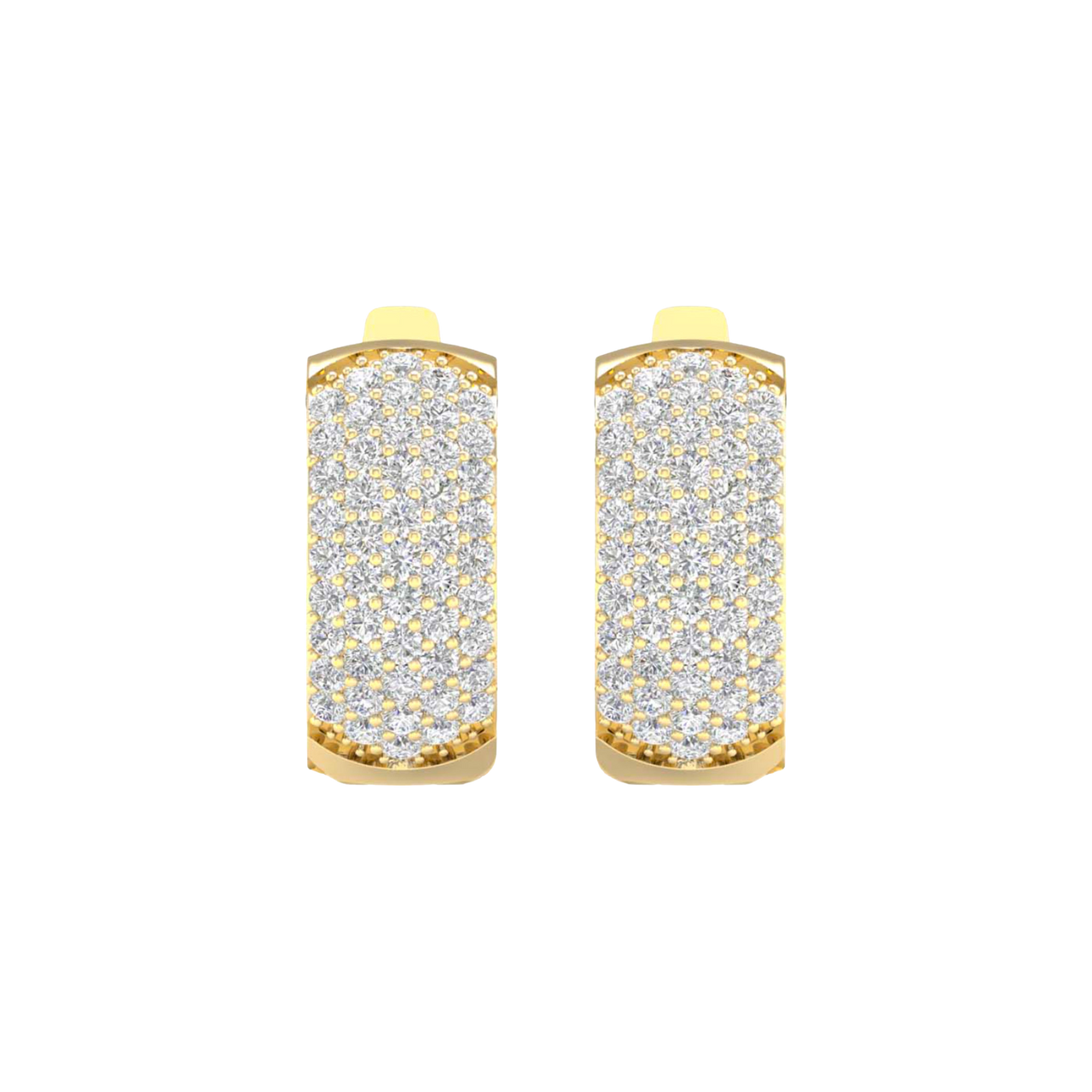 A pair of 14K yellow gold chunky huggie hoops with the entire front surface covered in pavé diamonds, shown from the front.