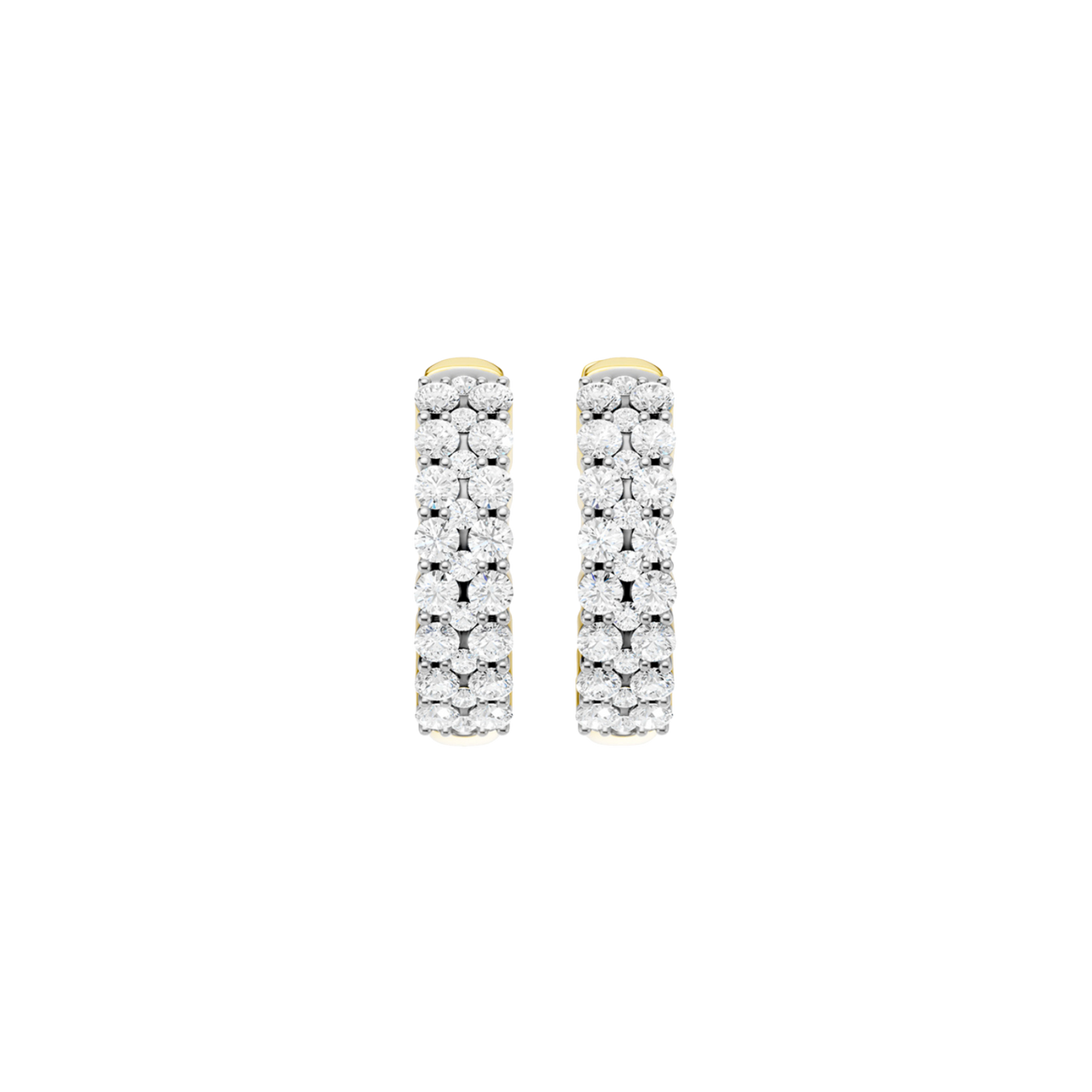 A pair of 14K white gold huggie hoops with two parallel rows of pavé diamonds, shown from the front.