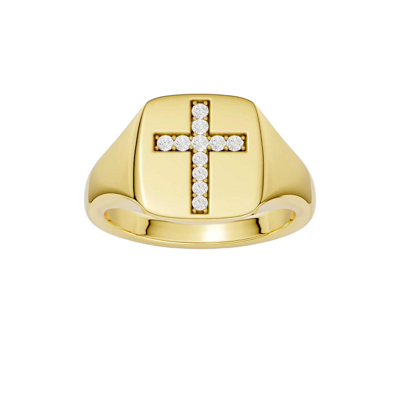 A top-down view of a 14K yellow gold signet ring with a central cross motif paved with round jewels.