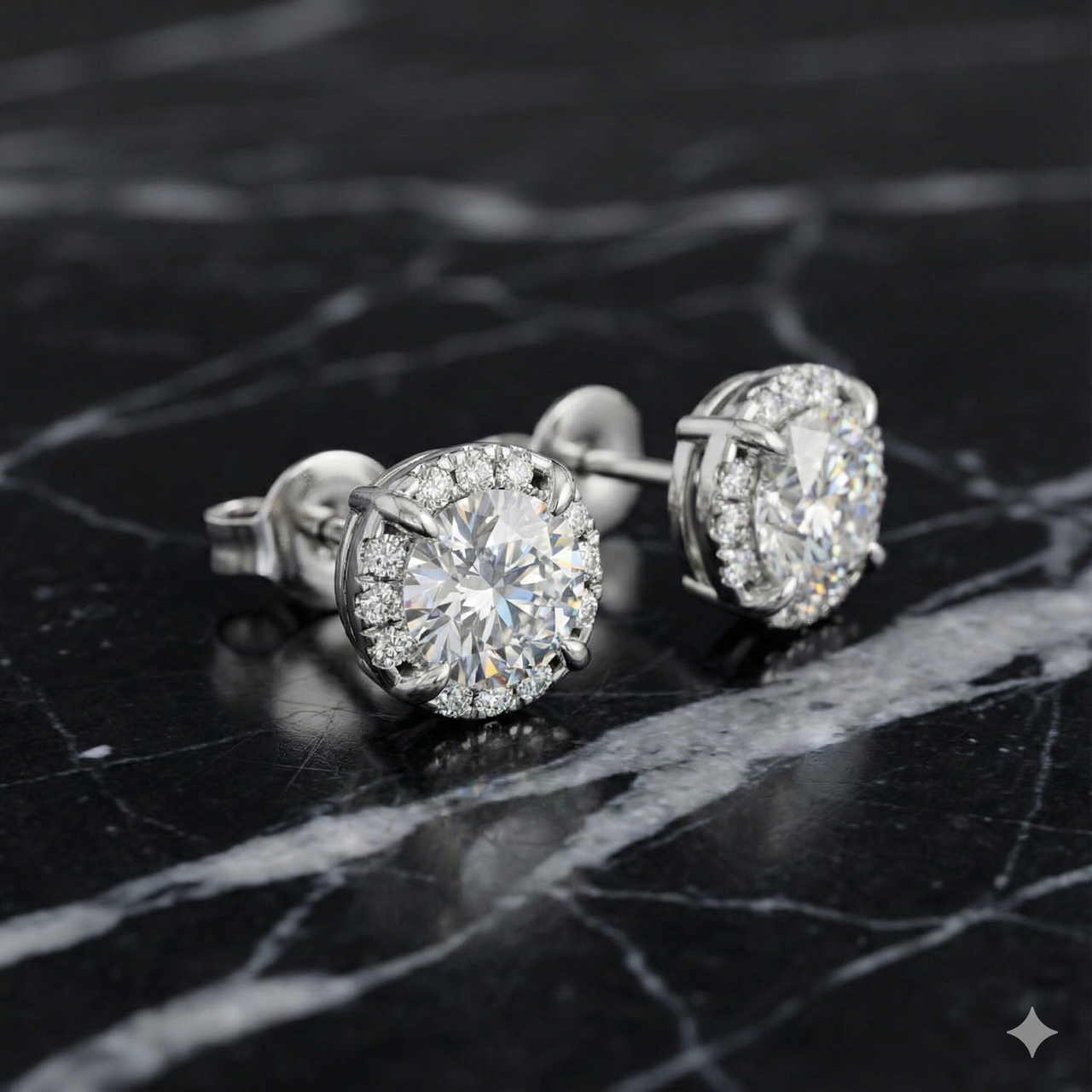 White gold round halo diamond stud earrings photographed on black marble, emphasizing contrast, diamond brilliance, and luxury detail.