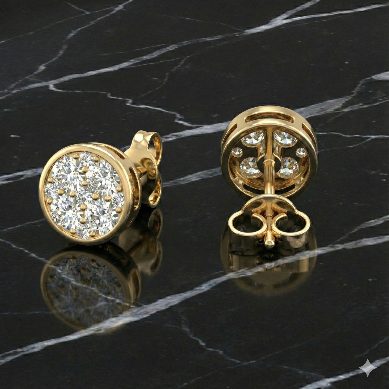 Yellow gold round cluster diamond stud earrings styled on black marble, highlighting gold richness and clean diamond sparkle.