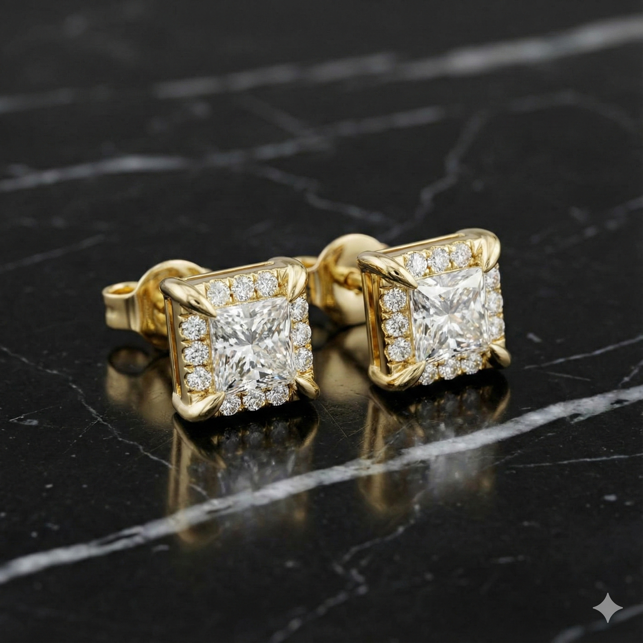 Yellow gold princess-cut diamond stud earrings styled on black marble, highlighting rich gold color, sharp lines, and diamond sparkle.
