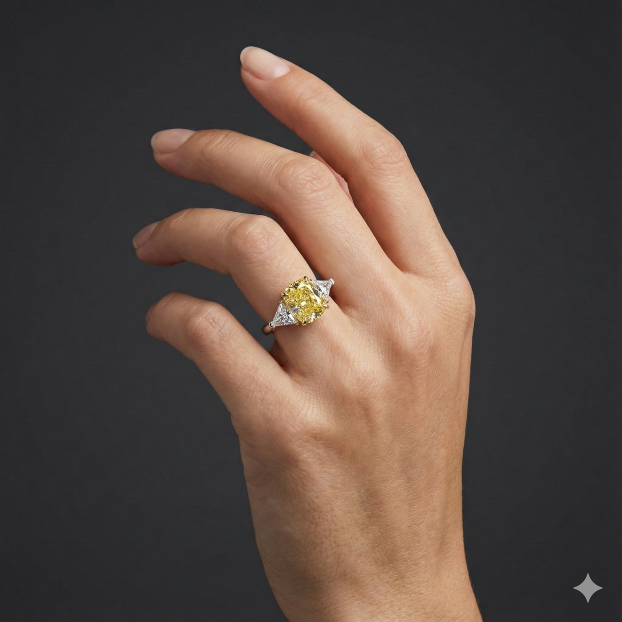 Lifestyle angled view of a white gold three-stone ring worn on the hand, showcasing a yellow diamond center with white diamond side stones.