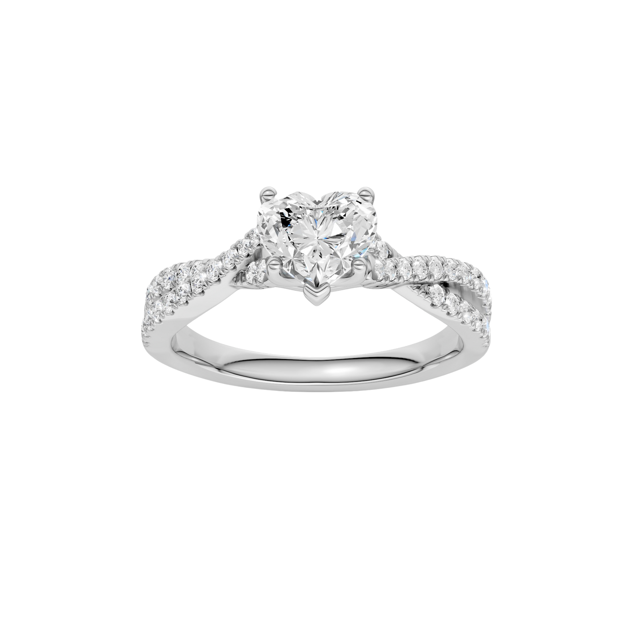 A top view of 14K white gold Amorati Vignette heart diamond solitaire with prong setting and diamond band