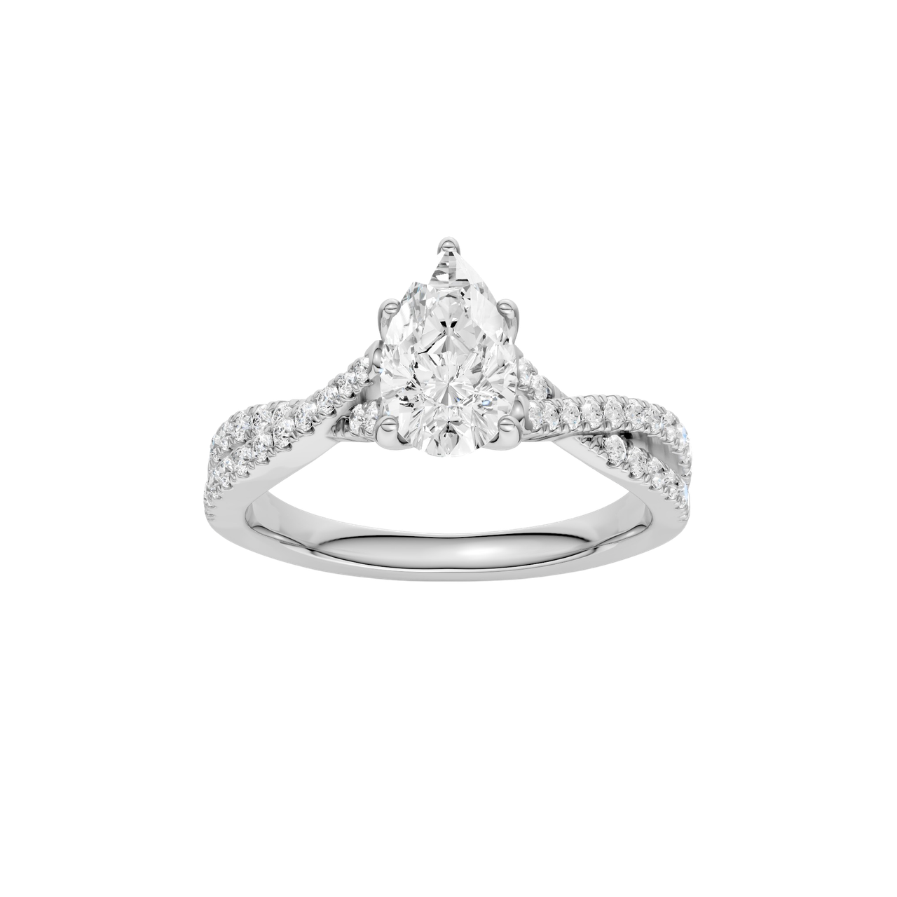 A top view of 14K white gold Amorati Vignette pear diamond solitaire with prong setting and diamond band