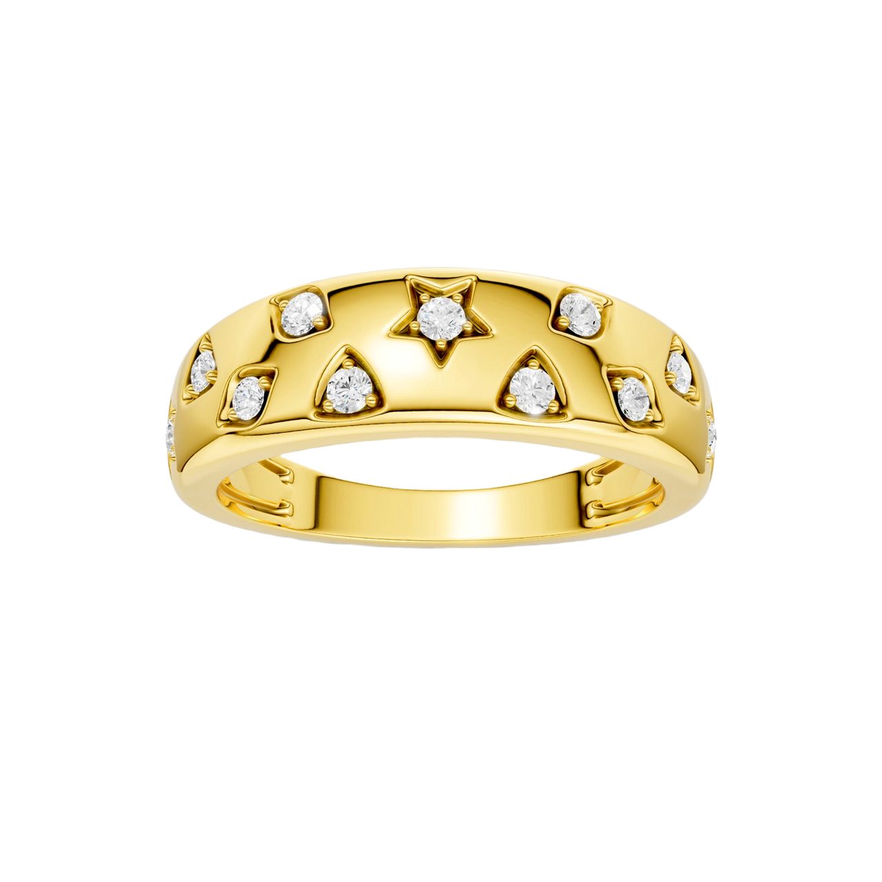 A high-polish 14k yellow gold dome ring by Amorati featuring scattered star and geometric insets with shimmering round-cut diamonds. Amorati’s signature F O U R T E E N T H Collection.