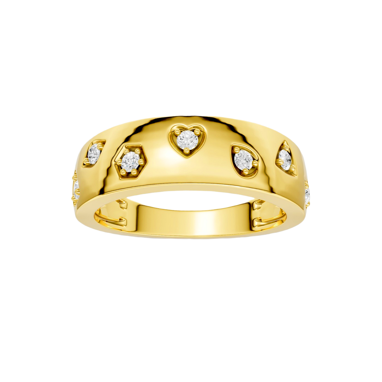 A bold, high-polish 14k yellow gold statement ring from the Amorati Fourteen Collection, featuring scattered star and geometric insets with shimmering round lab-grown diamonds.