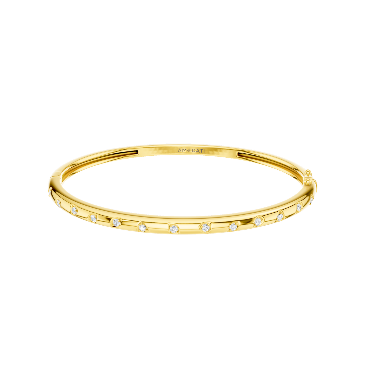 A substantial, high-polish 14k yellow gold wide cuff from the Amorati Fourteen Collection, featuring scattered star and geometric insets with shimmering round lab-grown diamonds.