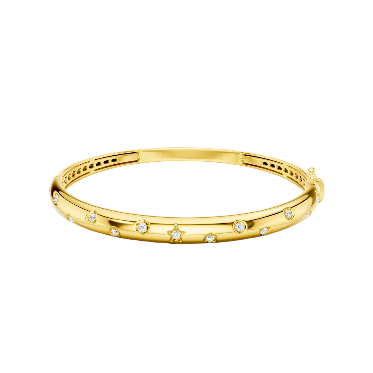 A bold, high-polish 14k yellow gold statement bangle by Amorati featuring scattered star and geometric insets with shimmering round-cut lab-grown diamonds. Amorati’s signature F O U R T E E N T H Collection