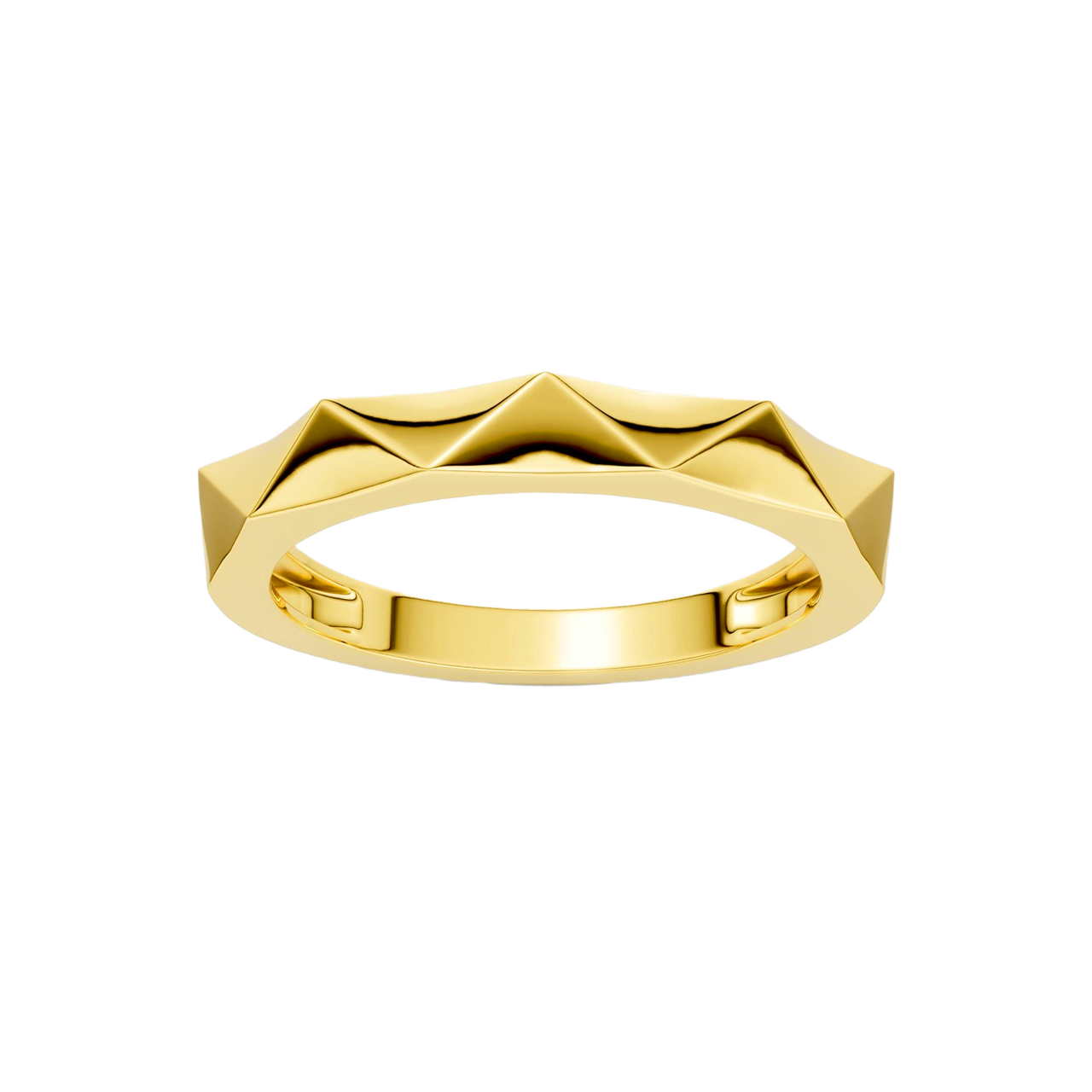 A high-polish 14k yellow gold geometric stackable ring by Amorati, featuring a unique multi-angled design. Amorati’s signature F O U R T E E N T H Collection
