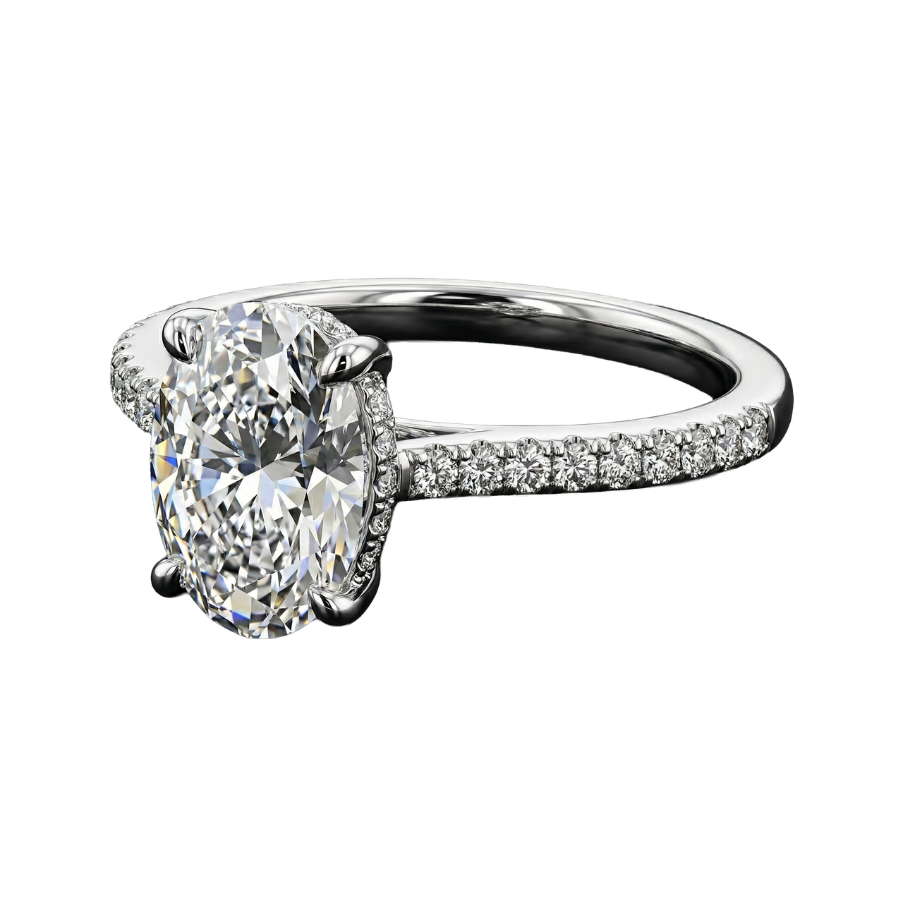 An angled view of The Empress Oval engagement ring by Amorati, showcasing a commanding 5-carat oval-cut diamond designed to elongate the finger and deliver exceptional surface-area sparkle.