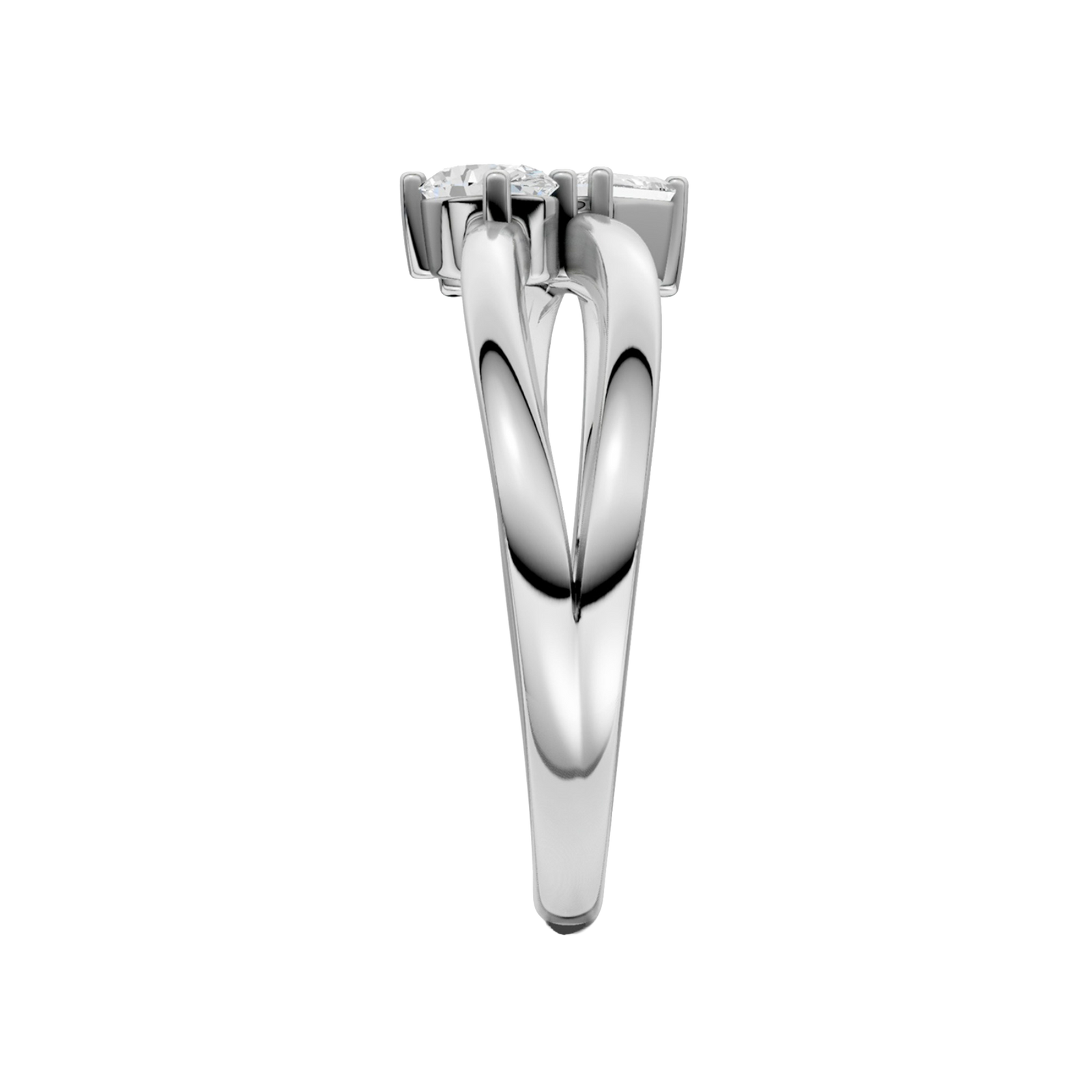 A side-profile view of a 14K white gold bypass ring, showing the fluid band and the three baguette diamonds.