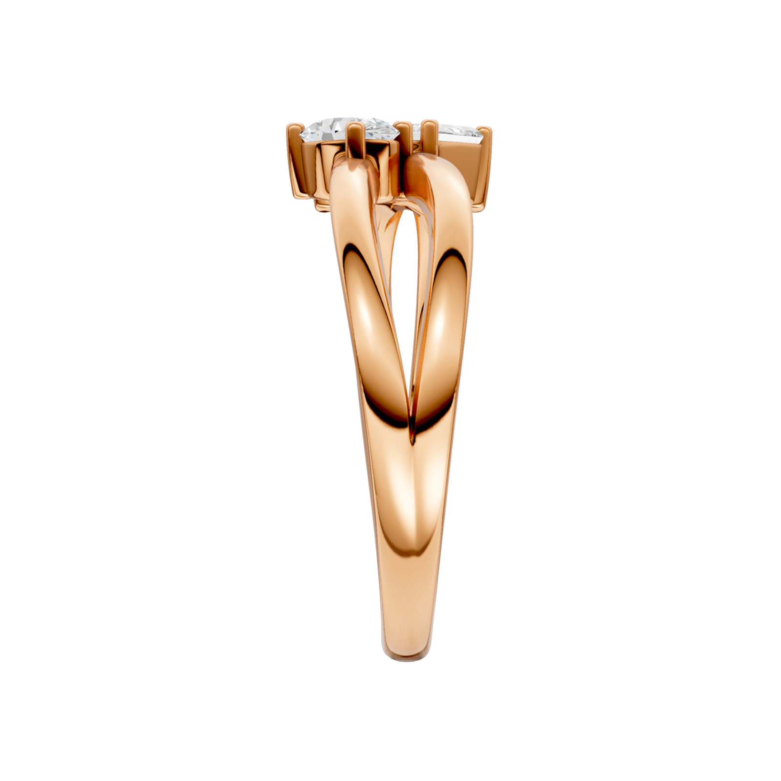A side-profile view of a 14K rose gold bypass ring, showing the fluid band and the three baguette diamonds.