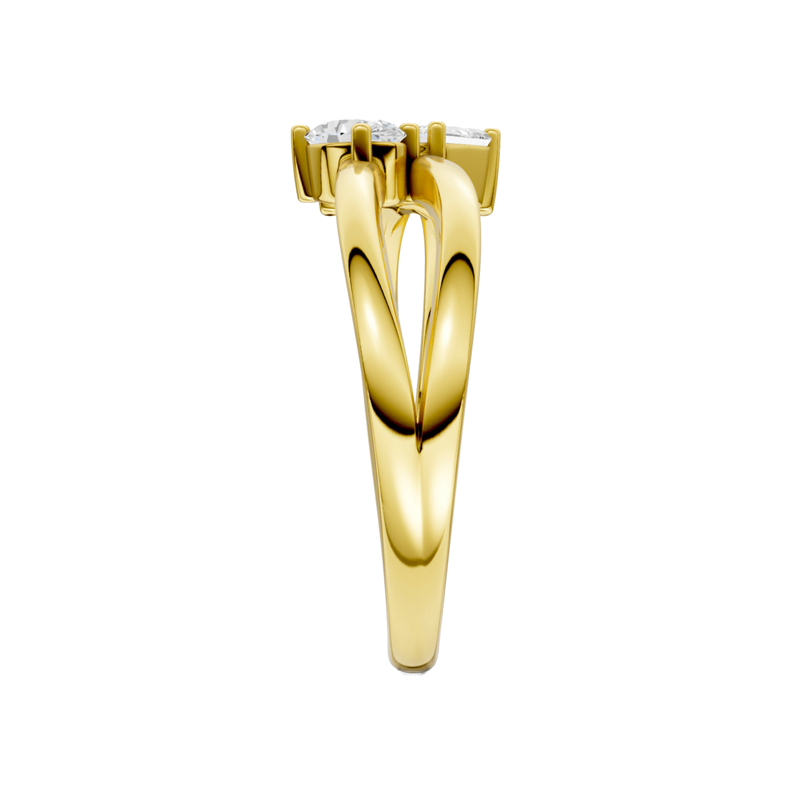 A side-profile view of a 14K yellow gold bypass ring, showing the fluid band and the three baguette diamonds.