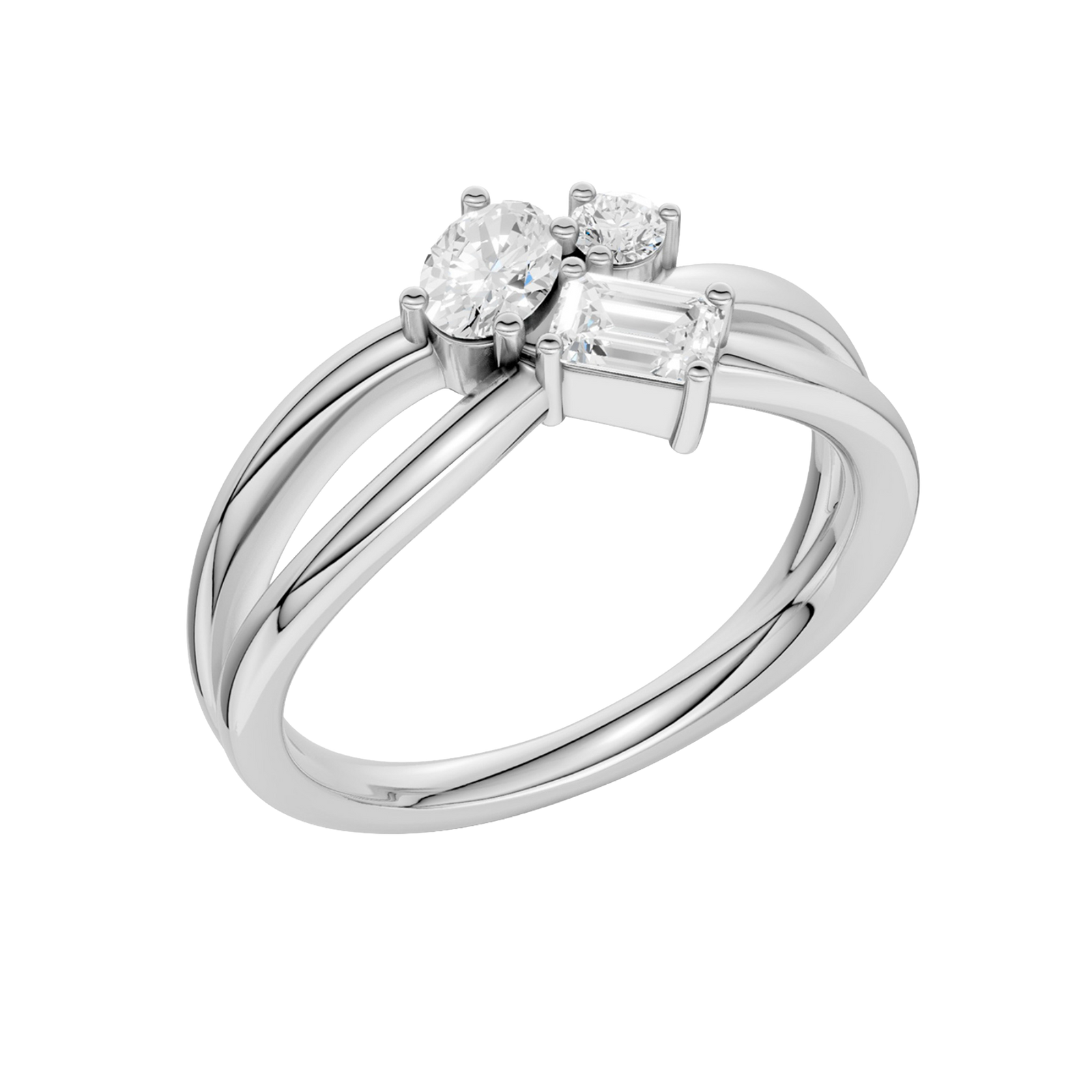 An angled view of a 14K white gold bypass ring, showcasing the baguette cluster and the curved band.