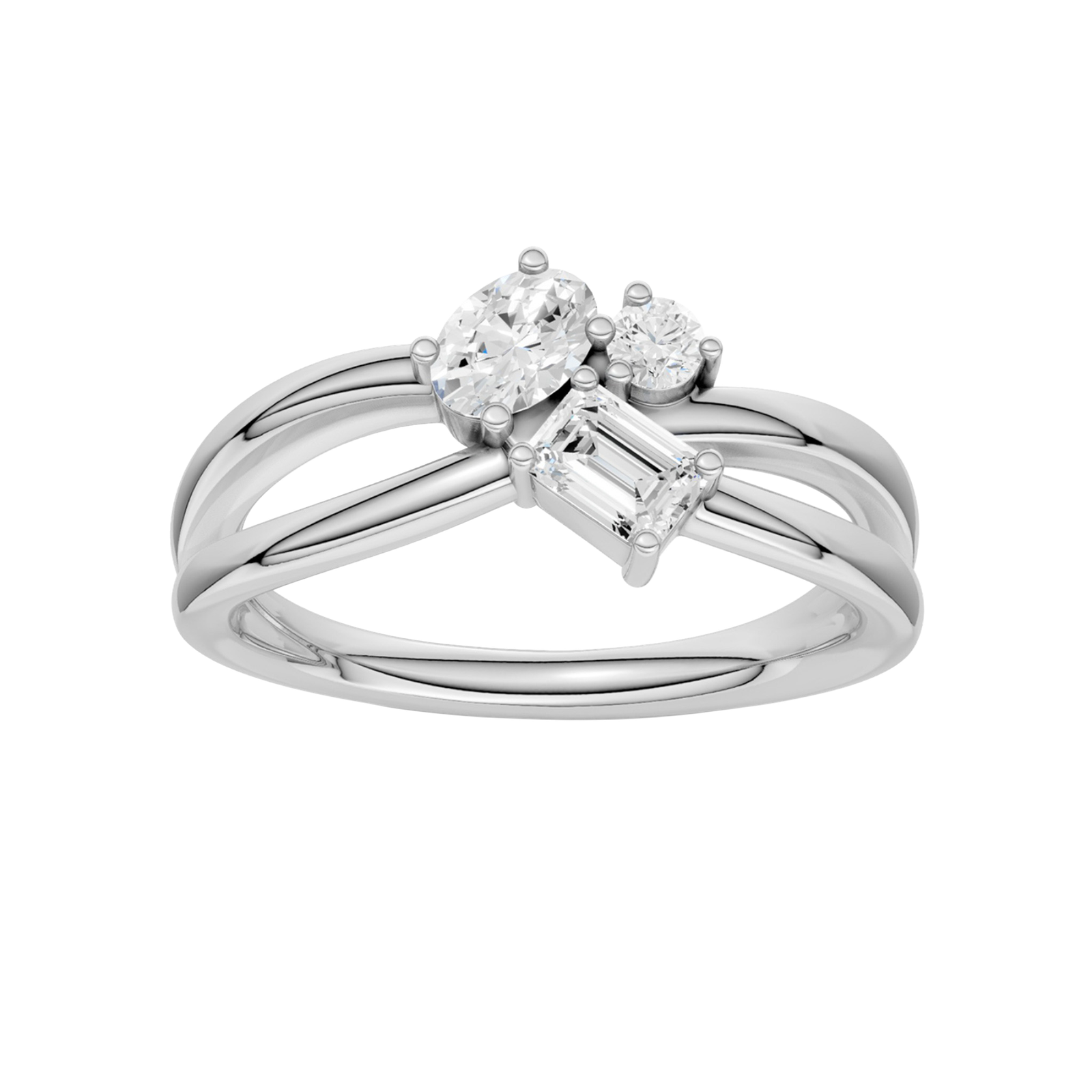 A top-down view of a 14K white gold bypass ring with a central cluster of three horizontal baguette diamonds.