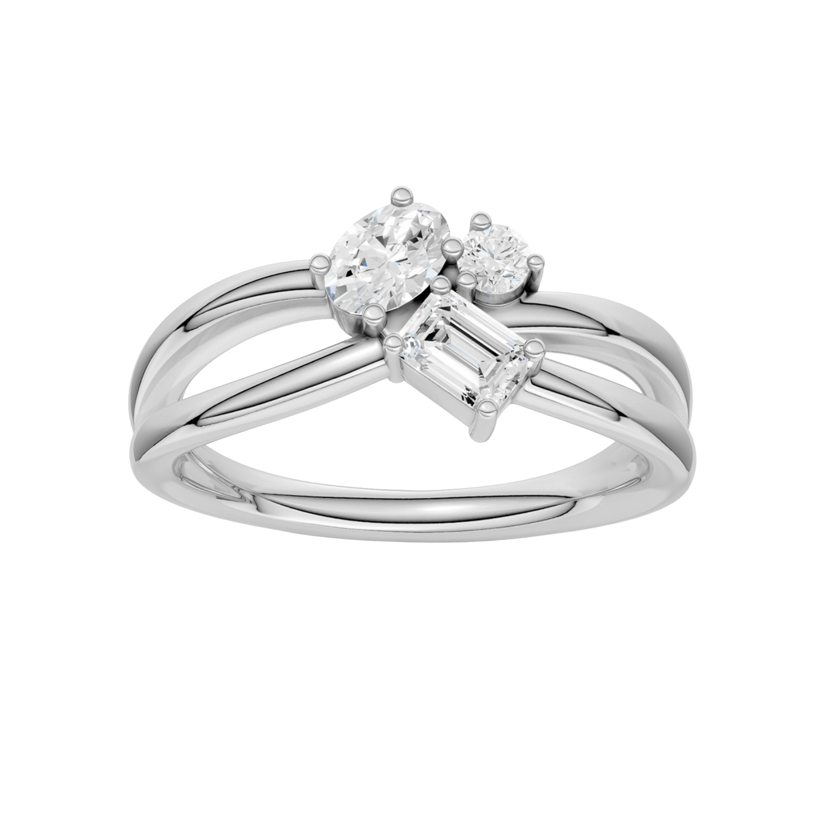 A top-down view of a 14K white gold bypass ring with a central cluster of three horizontal baguette diamonds.