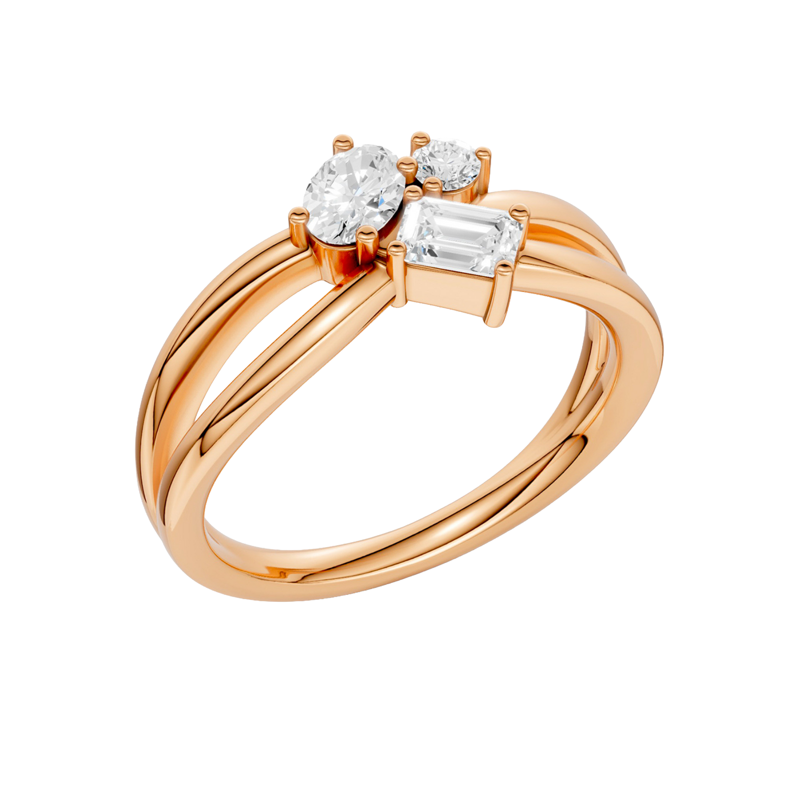 An angled view of a 14K rose gold bypass ring, showcasing the baguette cluster and the curved band.