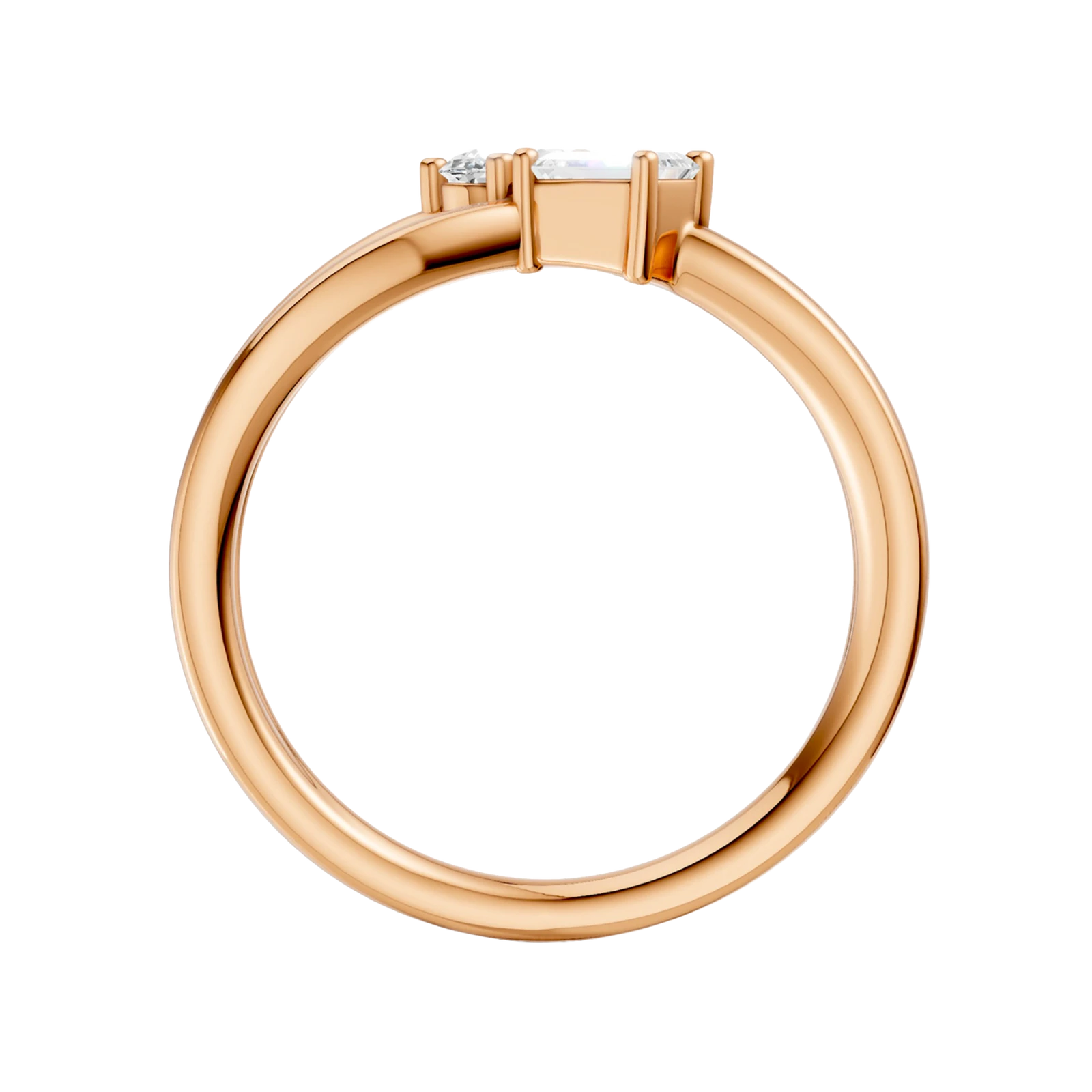 A side-profile view of a 14K rose gold bypass ring, showing the fluid band and the three baguette diamonds.