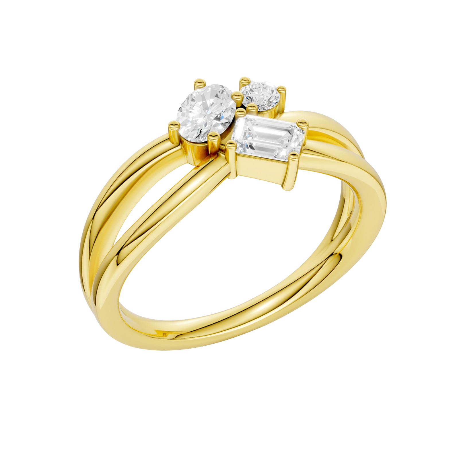 An angled view of a 14K yellow gold bypass ring, showcasing the baguette cluster and the curved band.
