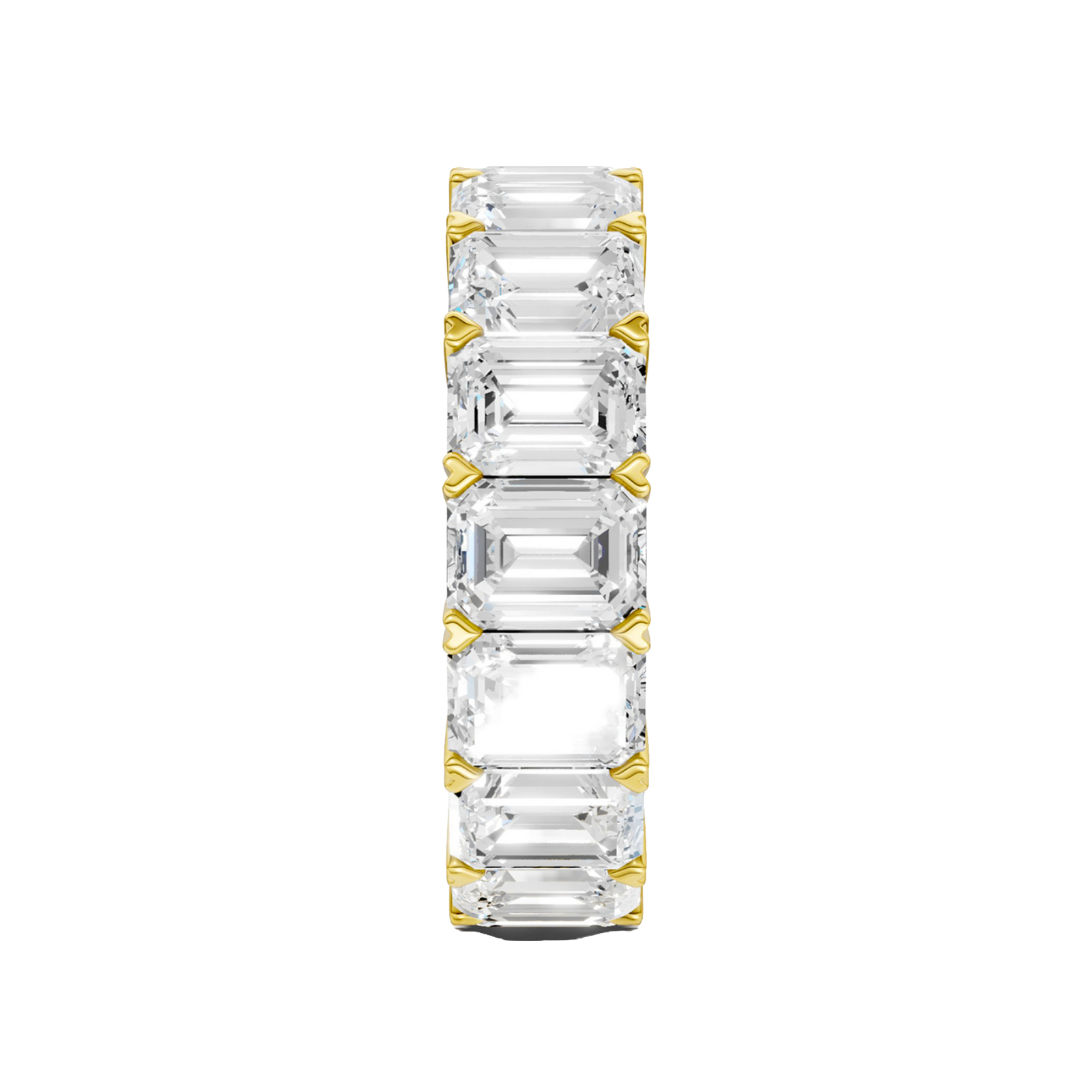 A side-profile view of a 14K yellow gold eternity band, showcasing the commanding size and elevated settings.