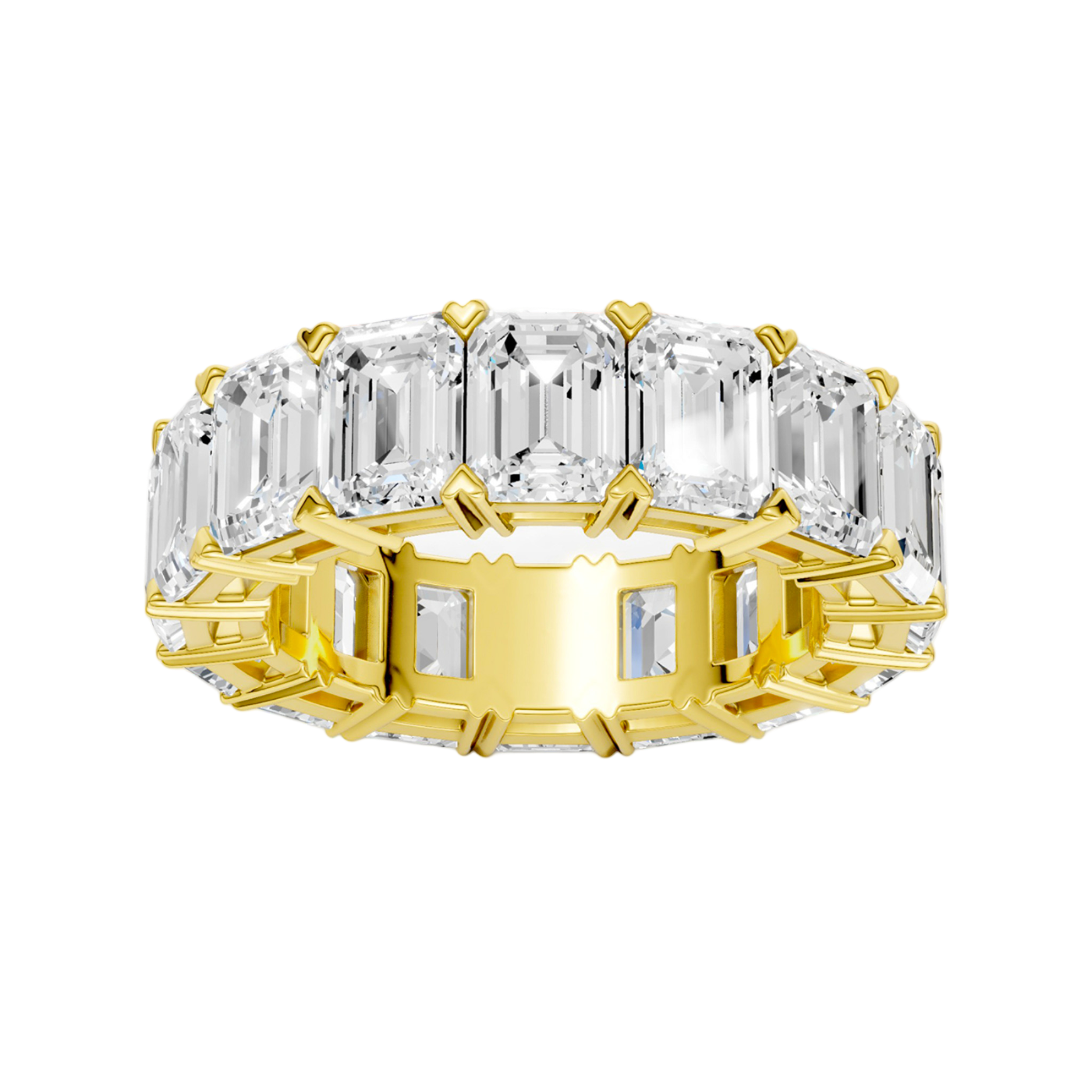 A top-down view of a 14K yellow gold eternity band with a continuous line of exceptionally bold, horizontally-set rectangular jewels.