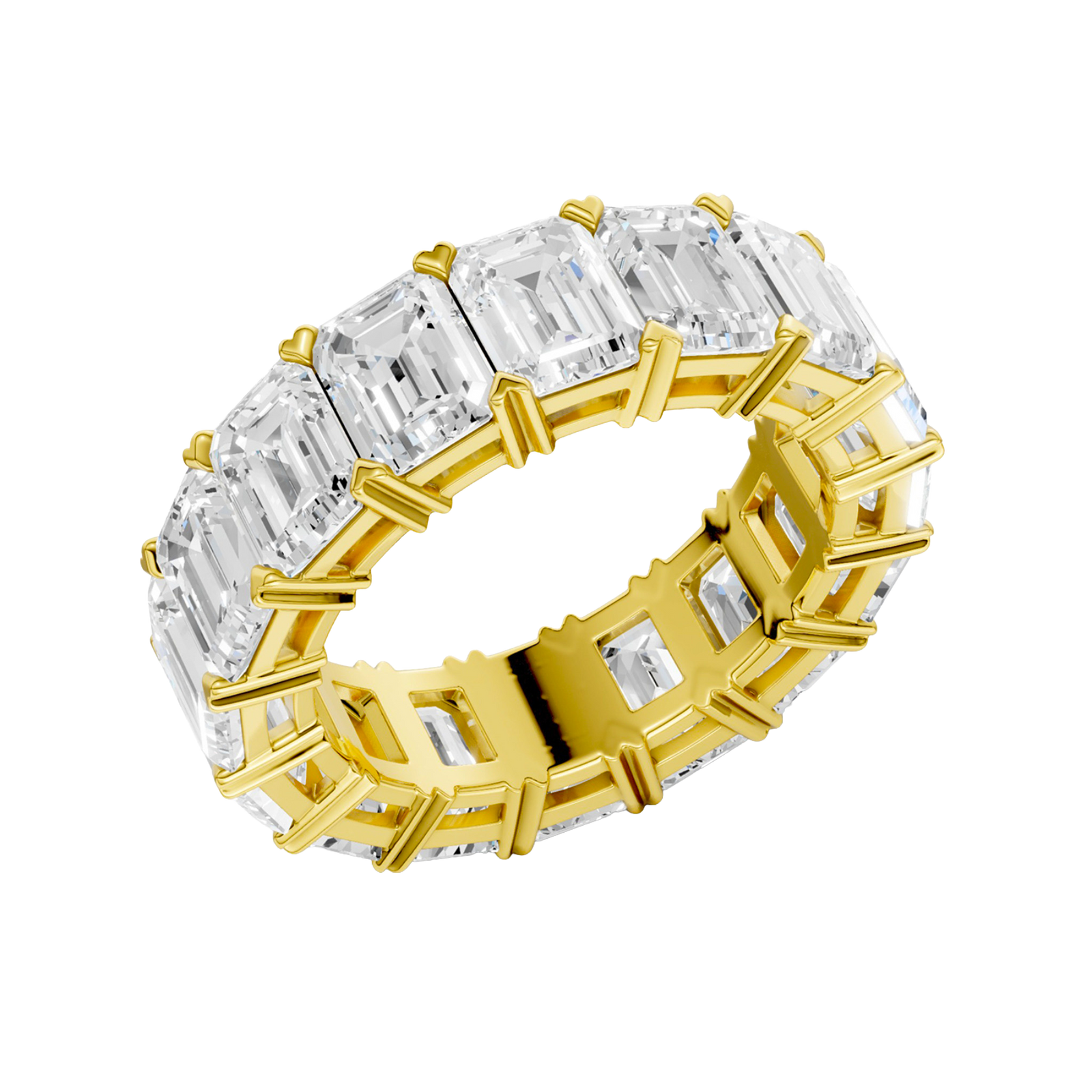 An angled view of a 14K yellow gold eternity band, highlighting the magnificent sparkle of the rectangular jewels.