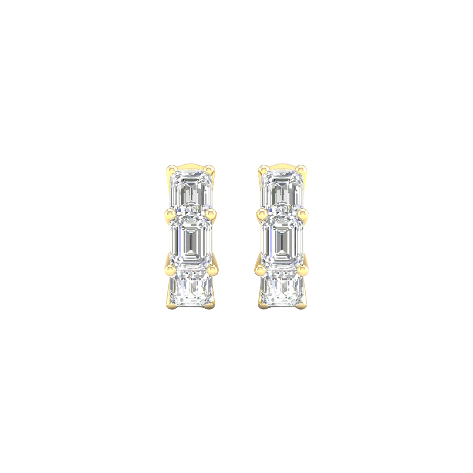 A close-up view of a 14K yellow gold huggie hoop earring with three vertically stacked rectangular diamonds.