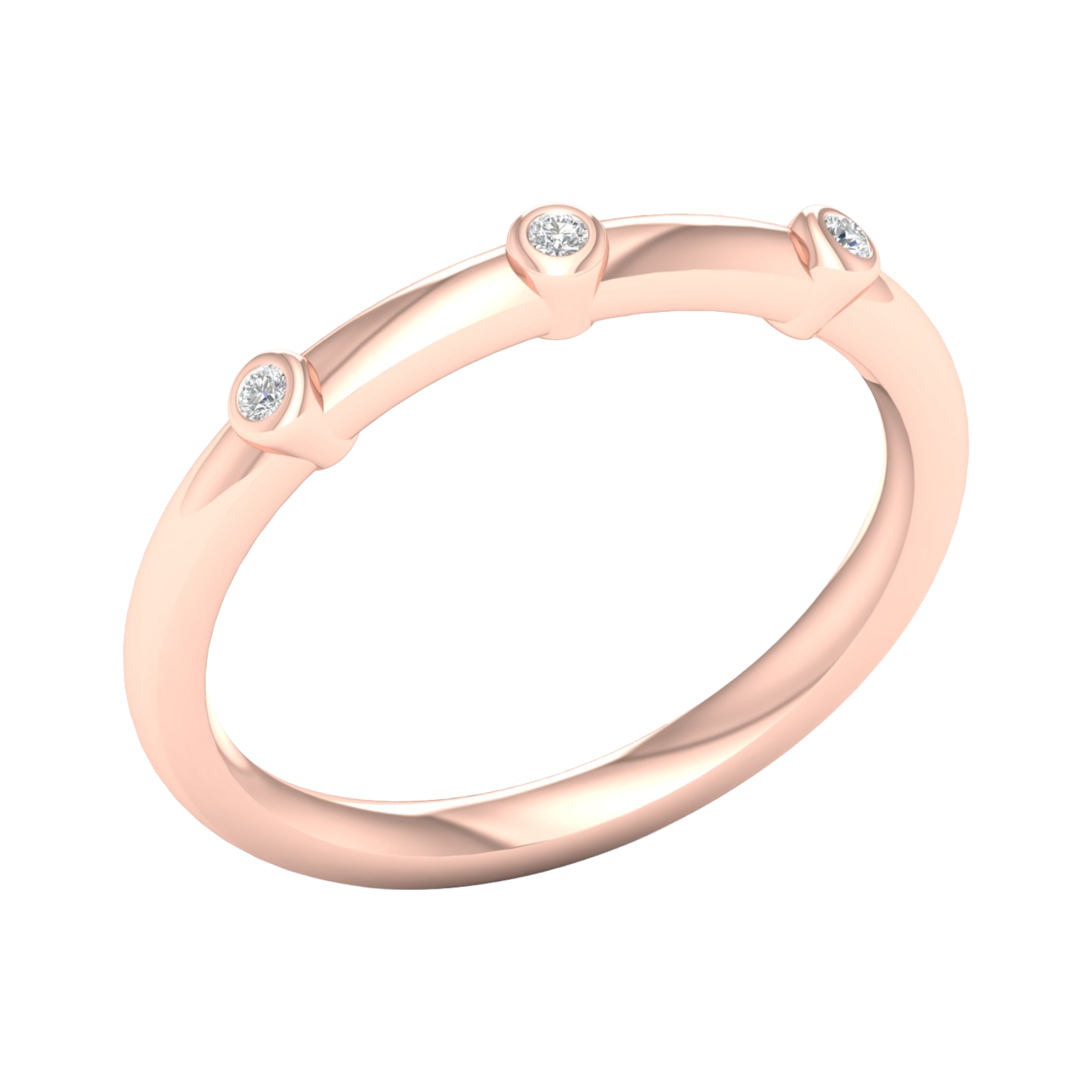 Amorati diamonds dainty bezel trio ring, an angled view of a 10K rose gold ring, showcasing the series of horizontal round-cut diamonds and the sleek connections between them.