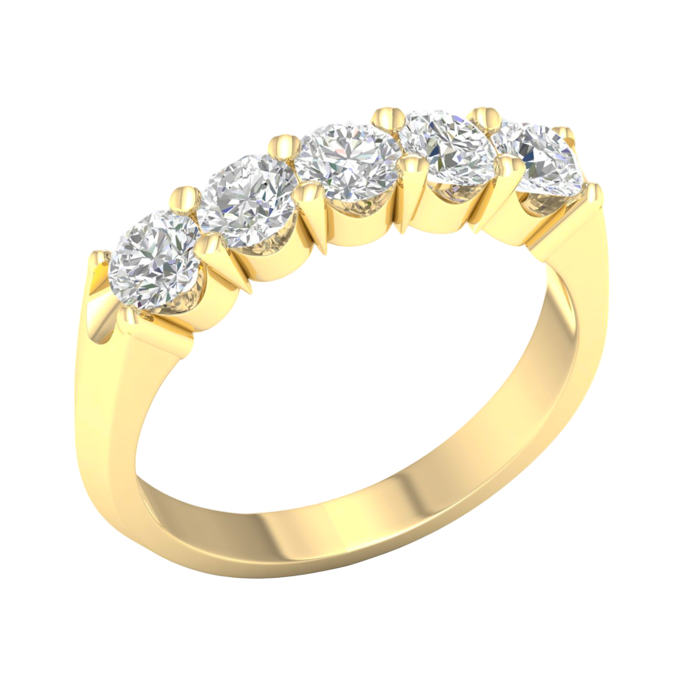 An angled view of a 14K yellow gold ring, showcasing the brilliant arrangement of the five round diamonds.