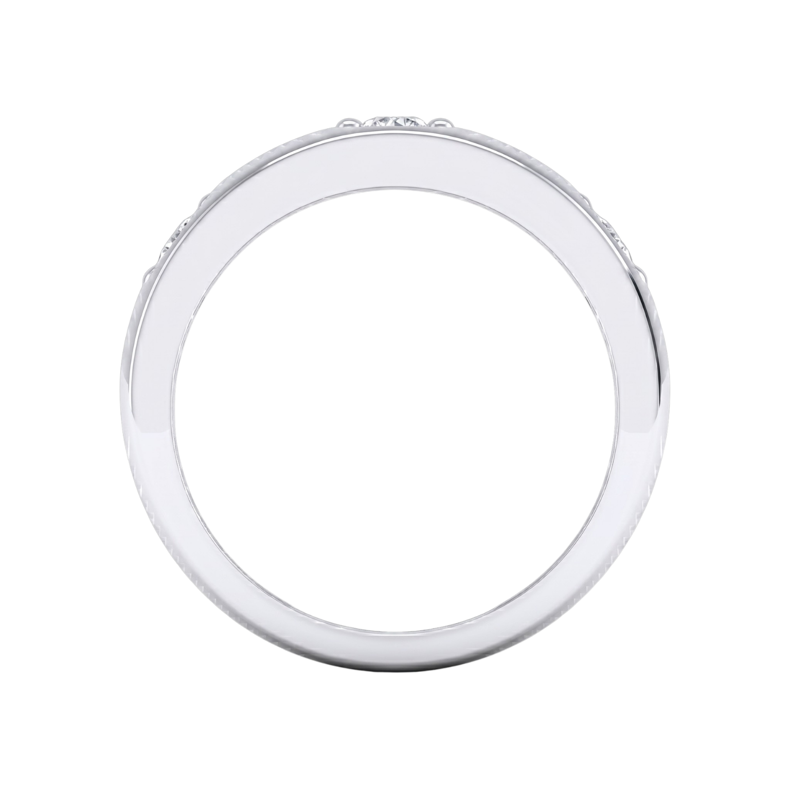 Front view of a 14K white gold ring showing the three bezel-set stones.