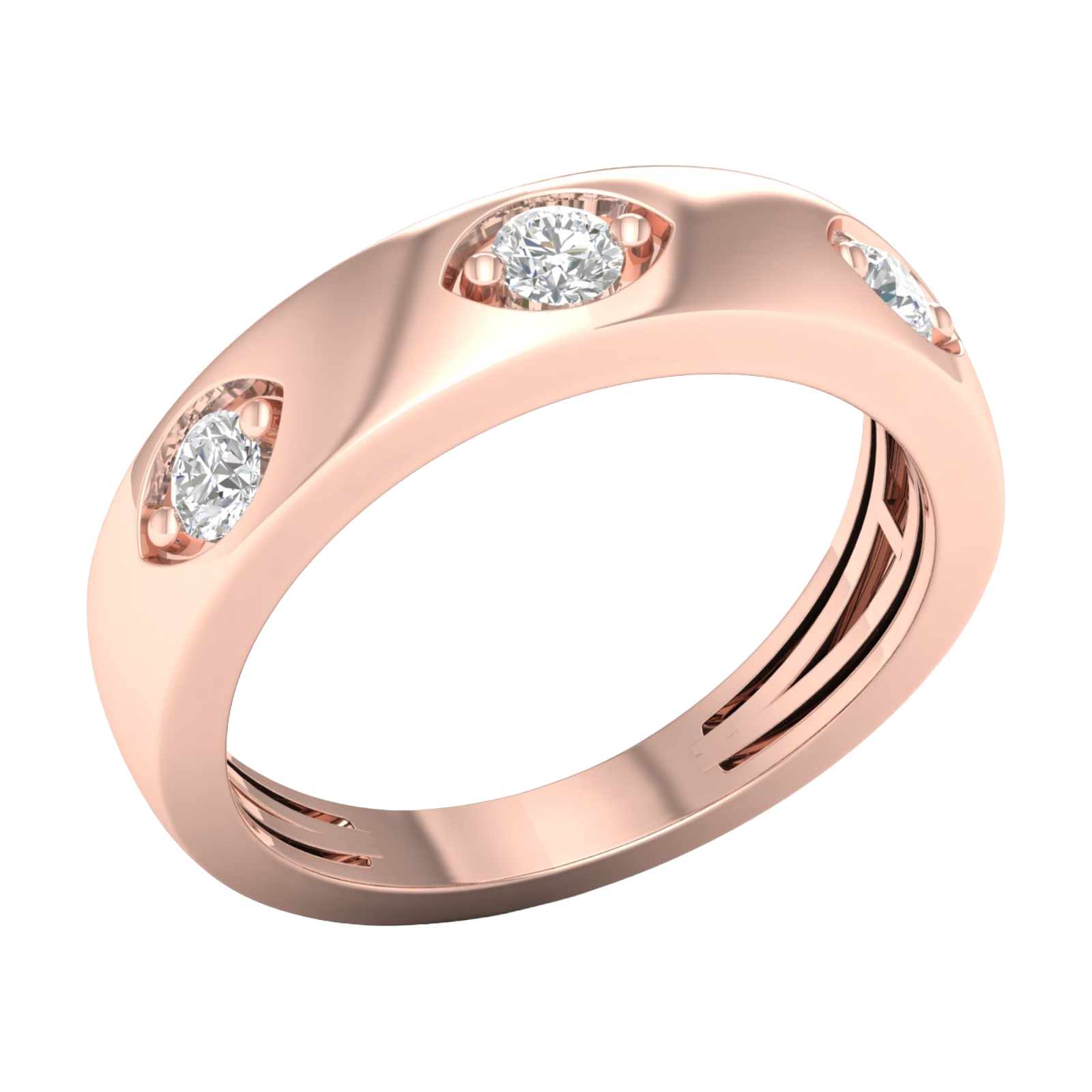 An angled view of a 14k rose gold ring with three bezel-set