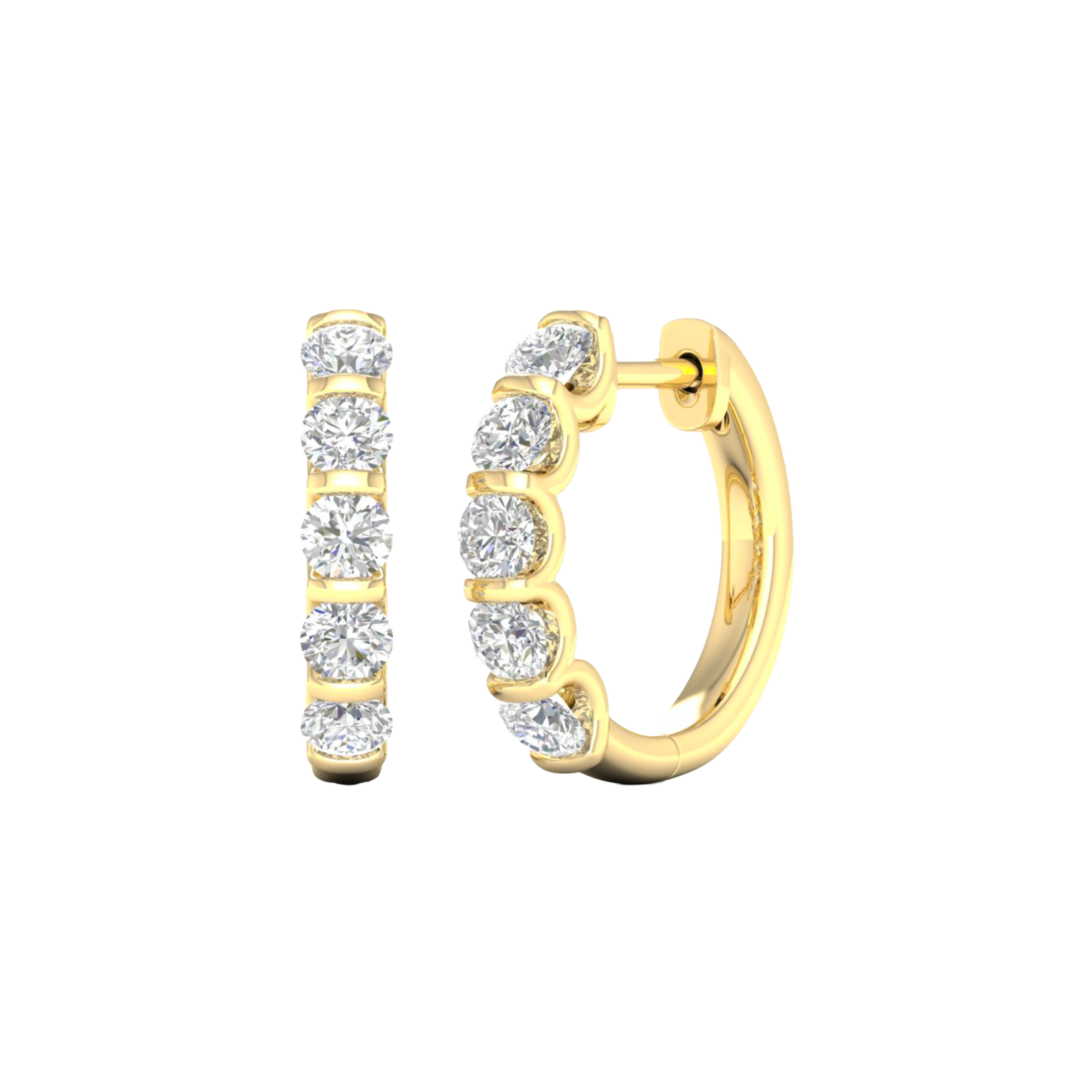 An angled view of a pair of 14K yellow gold huggie hoops, showcasing the continuous line of diamonds.