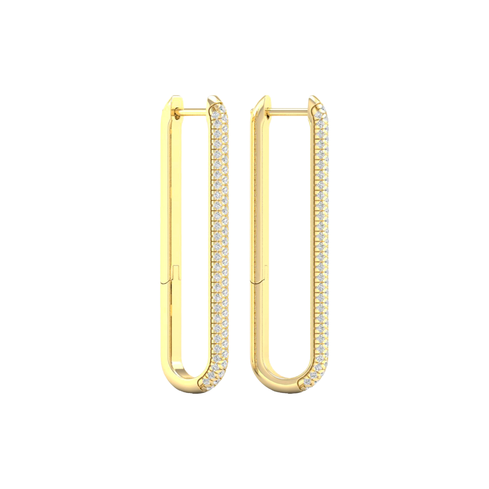 A side profile view of a 14K yellow gold huggie hoop, highlighting the linear design and the pavé diamonds.