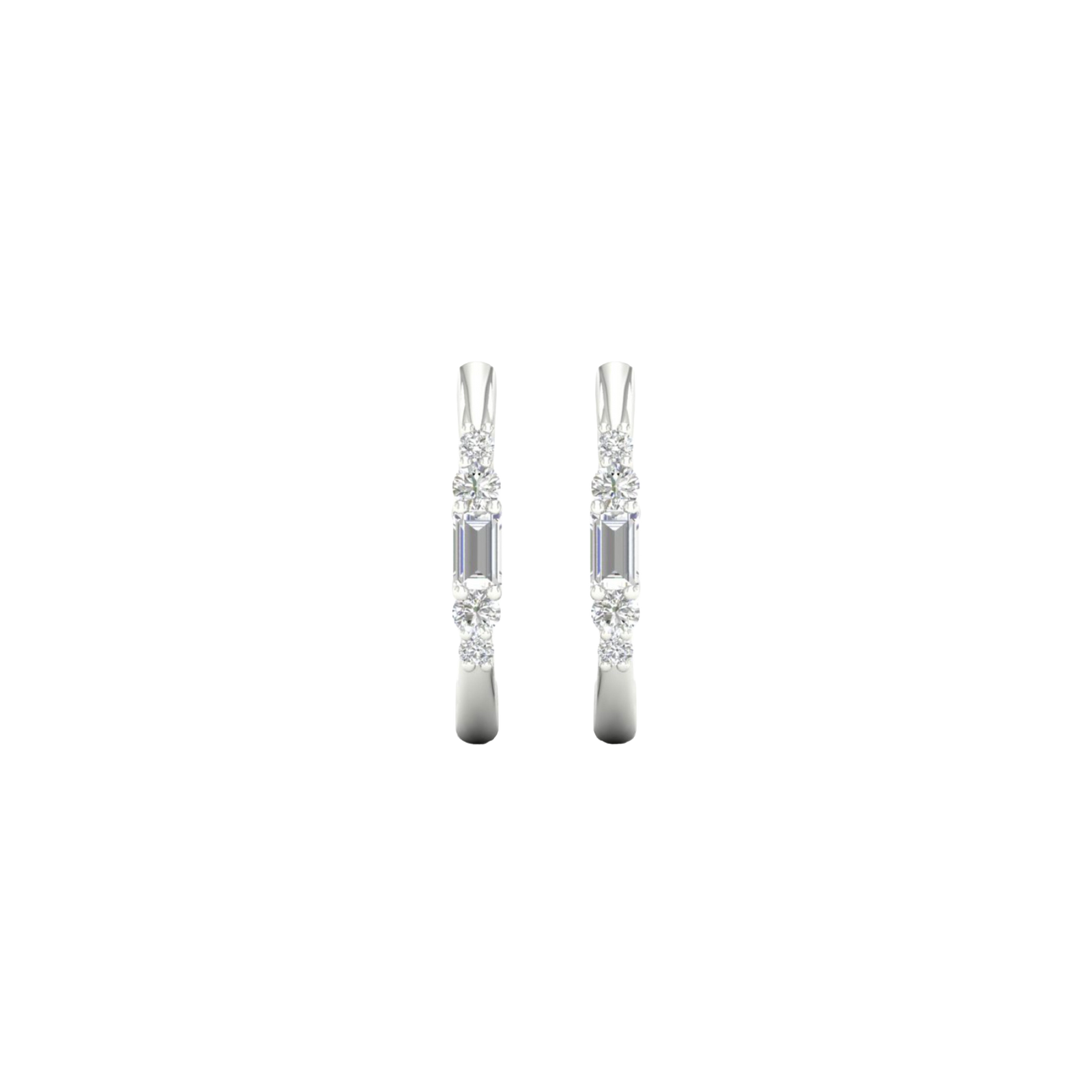 A pair of 14K white gold huggie hoops, shown from the front with a combination of baguette and round diamonds.