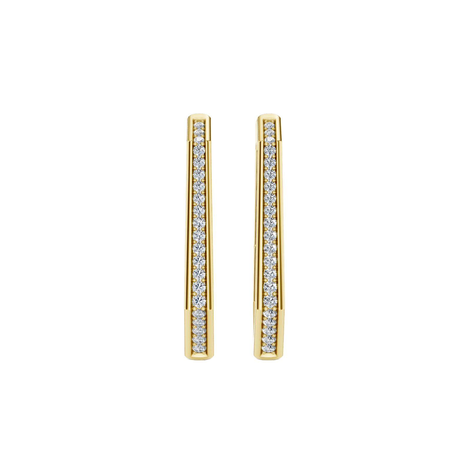 A pair of 14K yellow gold oval-shaped huggie hoops with a continuous line of pavé diamonds, shown from the front.