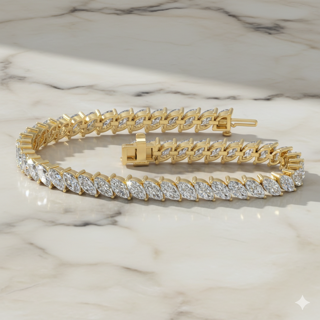 A full top-down view of a 14K yellow gold bracelet, coiled to show the continuous V-shaped pattern of marquise diamonds.